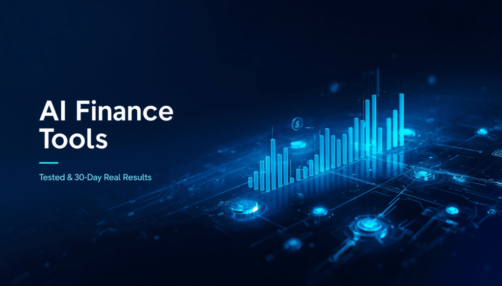 AI personal finance tools dashboard illustration with neon blue charts on dark navy background