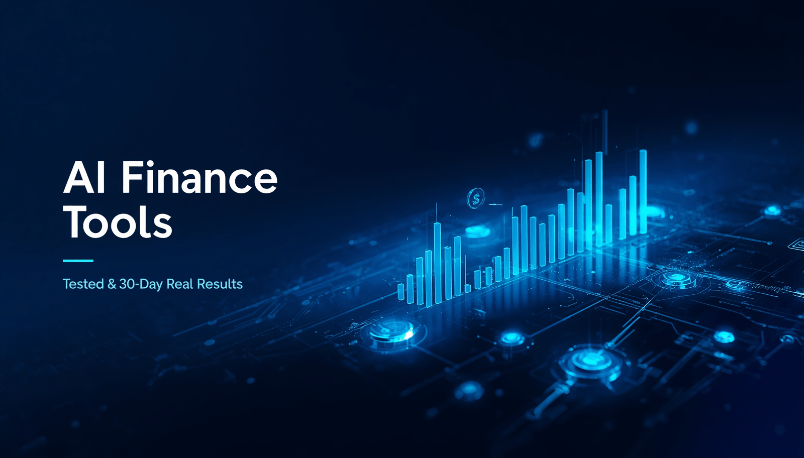 AI personal finance dashboard illustration, neon blue on dark navy background