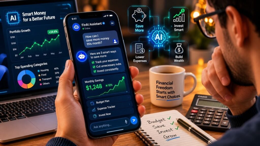 AI chatbot interface showing personal finance advice and risk graphics USA 2026